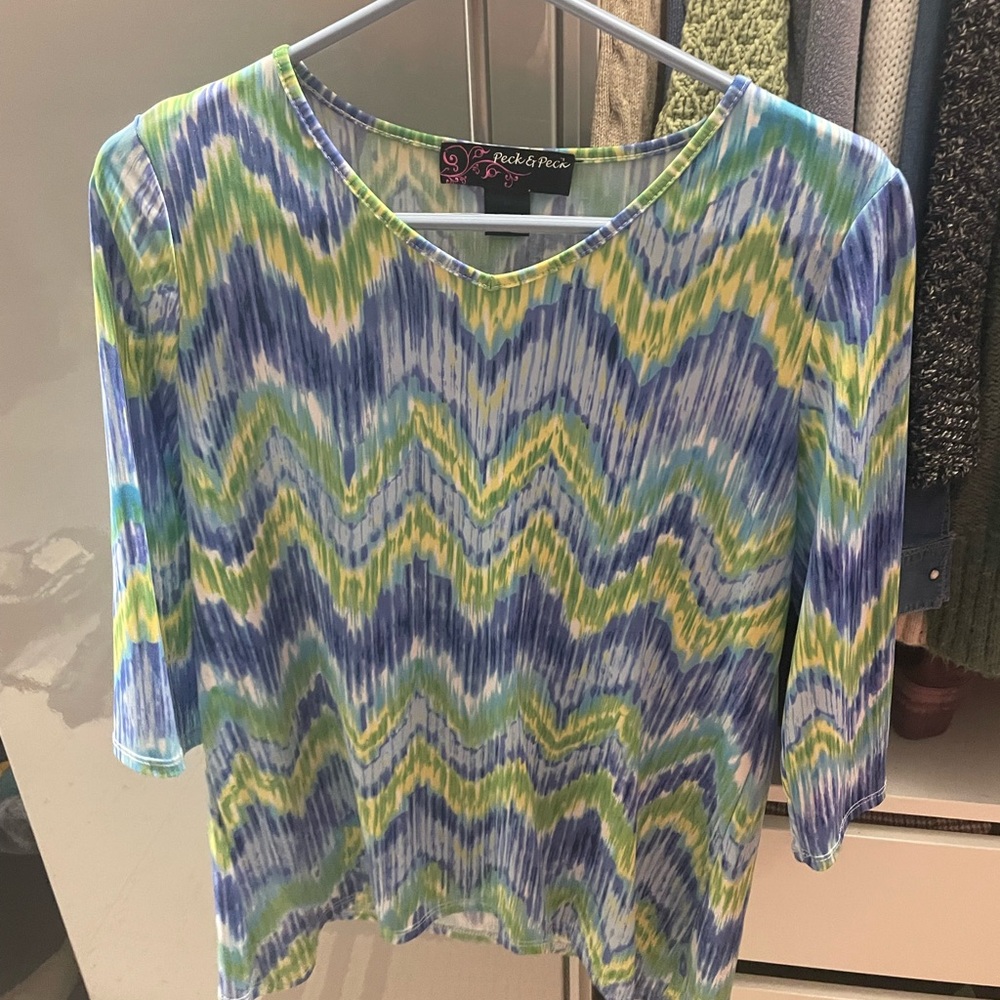 Peck & Peck Blue Green Zigzag Long Sleeve Top